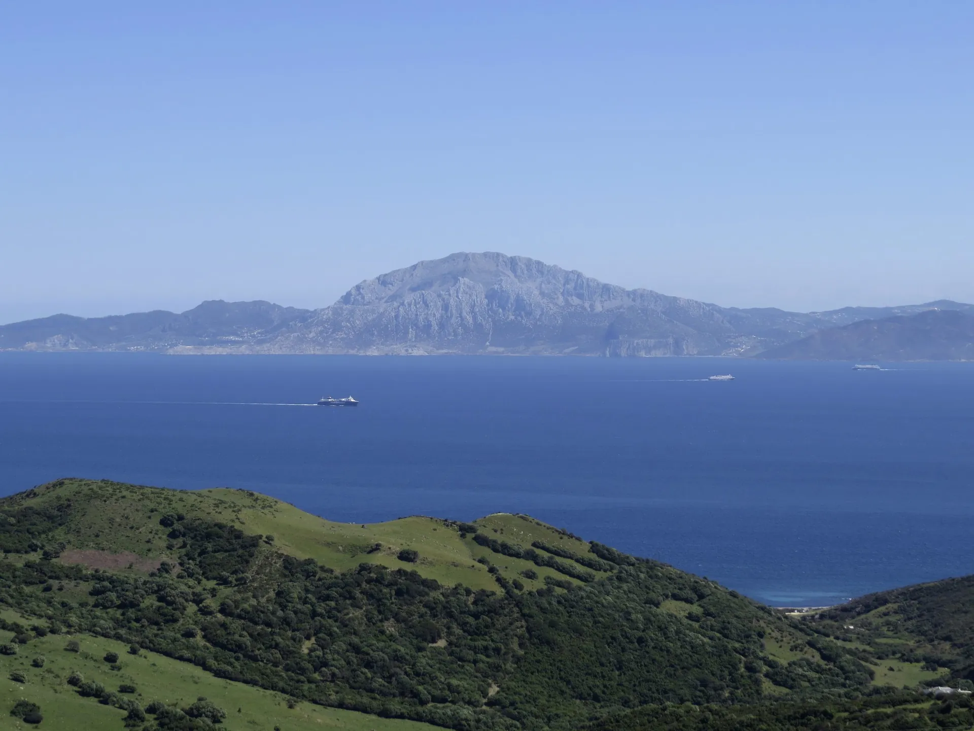 The Strait of Gibraltar with the African shore's mountains behind, seen from a viewpoint between Tarifa and Algeciras